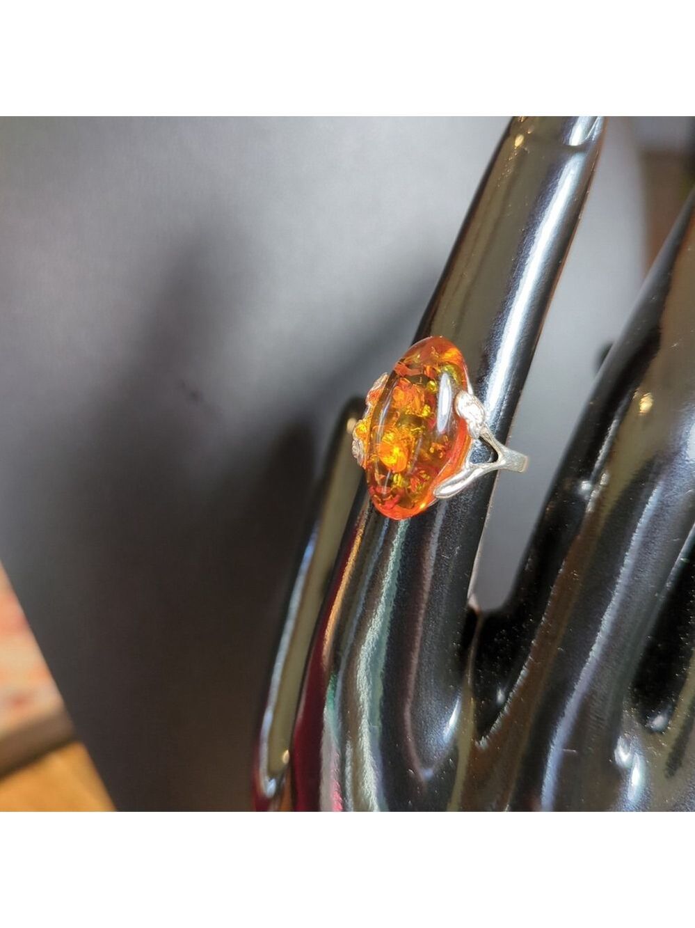 925 Sterling Silver Amber Ring Size 7.5 Natural Stone - Picture 4 of 8